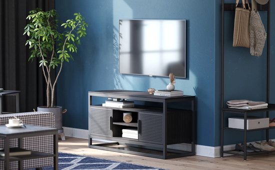 Zwart metalen tv-meubel met opbergvakken met schuifdeuren en een plant ernaast.