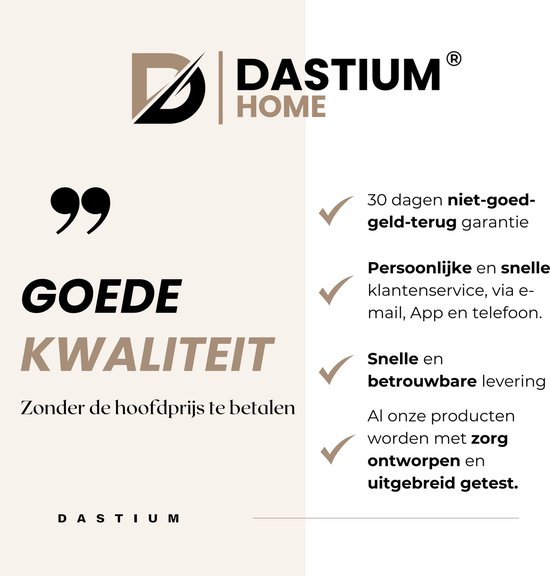 Dastium Home logo met tekst over 30 dagen garantie, klantenservice en levering.