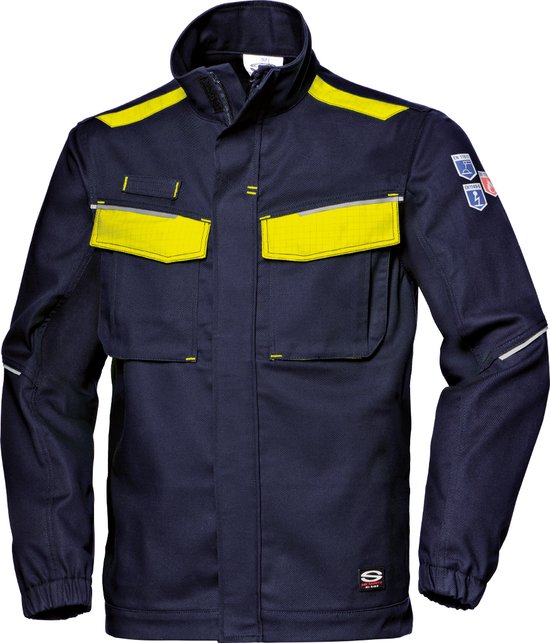 Donkerblauwe werkjas met gele reflecterende details op schouders en borstzakken. Antistatisch.