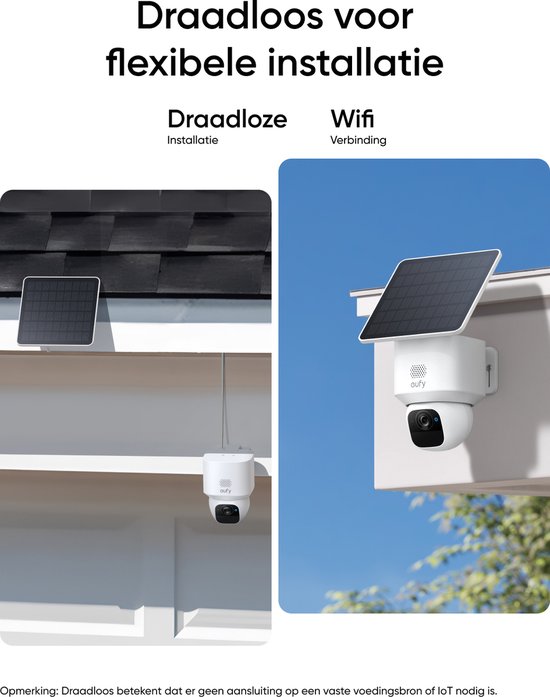 Draadloze camera met zonnepaneel op een dak en een camera op een witte muur.