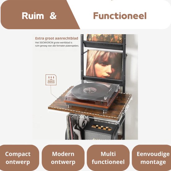 Platenspeler Standaard Met Opslag Tot 200 Albums - Witte Vinyl Kast Met Glijbaan Display