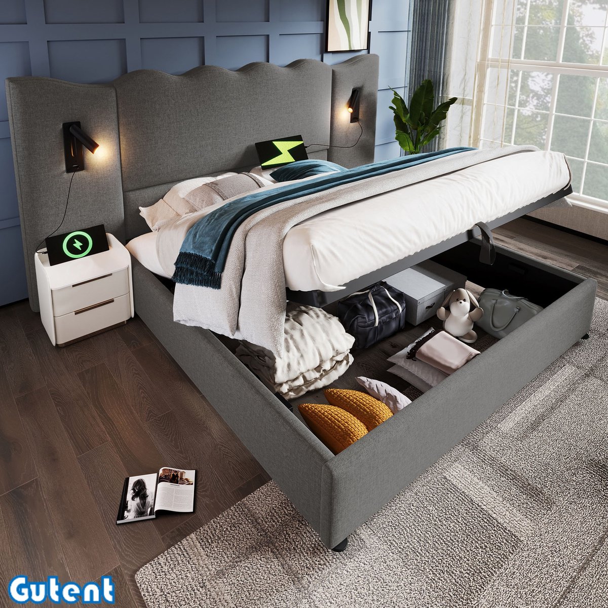Gutent Tweepersoonsbed-180×200cm-Metleeslampje-Oplaadfunctie-Berging-bed-Grijs-Linnen-Geen matras
