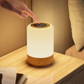 Lampe de chevet LED dimmable avec fonction tactile - 8 couleurs - 3 modes - rechargeable - câble USB - fonction minuterie - chambre - salon - grain de bois