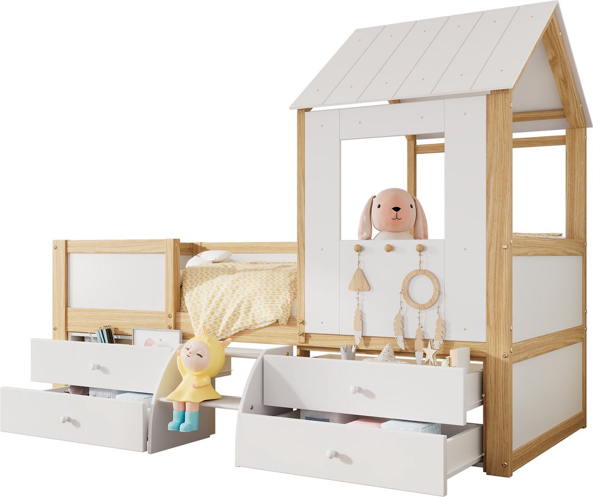 Merax Kinderbed – Half Hoogslaper in Huisvorm met Dak en Raam – Inclusief 4 Lades en Kleine Trap – 90x200 cm – Wit met Naturel Bruin