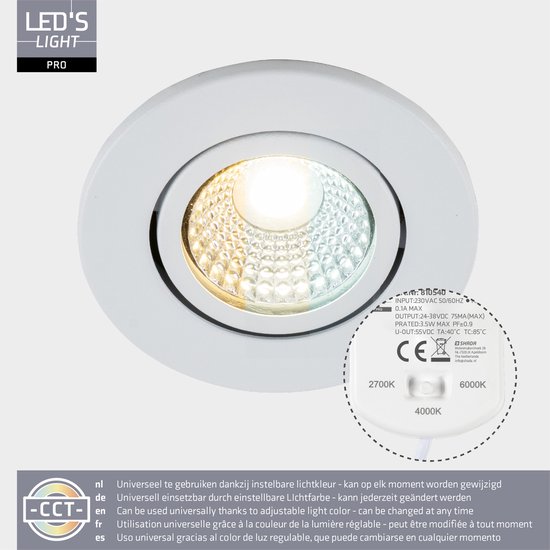 Witte inbouwspot met verstelbare lichtkleur: 2700K, 4000K, 6000K.