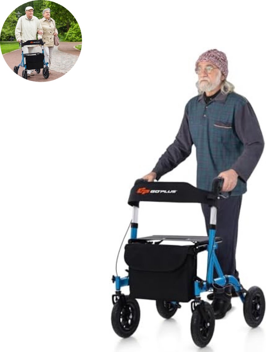 Rollator lichtgewicht en opvouwbaar - Zitfunctie - Voor binnen en buiten - 6-Voudig en Hoogte - Verstelbaar met Tas en Stokhouder - Blauw