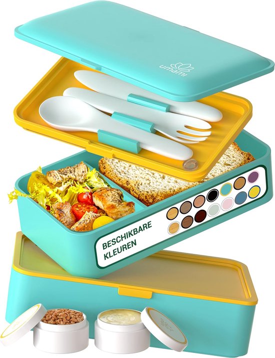 Umami® All-in-1 1,2L Bento box adultes avec couverts ( Turquoise Fris ), 2 récipients à sauce comme boîtes à lunch Salade - Snack Bento Box, boîte à lunch étanche, accessoires inclus - Boîte à lunch avec compartiments pour la préparation des repas