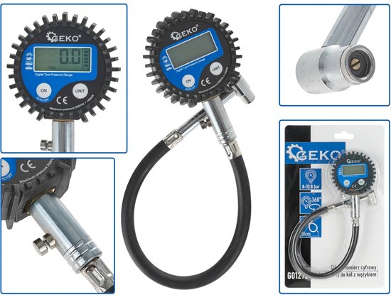 GEKO Digitale bandenspanningsmeter - LCD display - Flexibele slang - 30 cm - Veiligheidsalarm