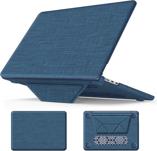 Housse d'ordinateur portable bleu marine texturée avec béquille pliable. Montre les vues avant et arrière.