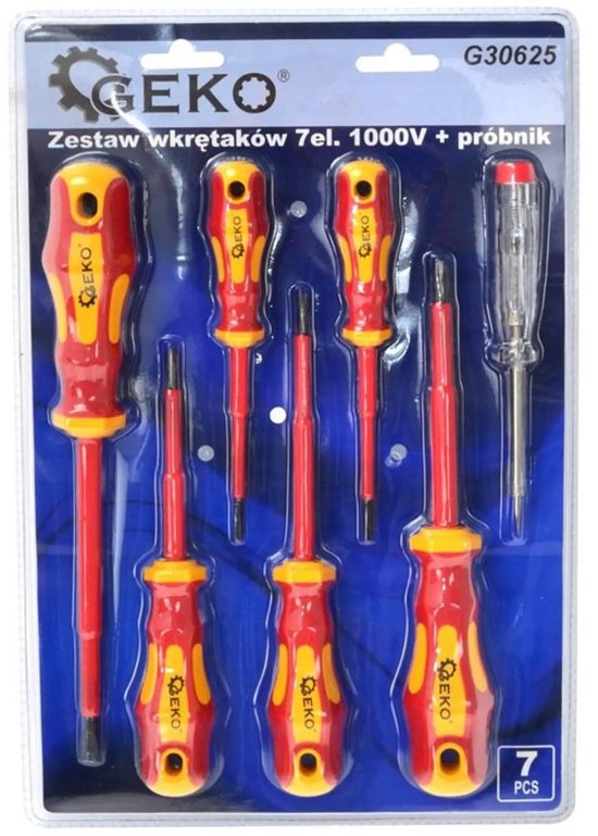 Jeu de tournevis isolés GEKO 7 pièces - 1000 V - Certifié VDE - Avec testeur de tension