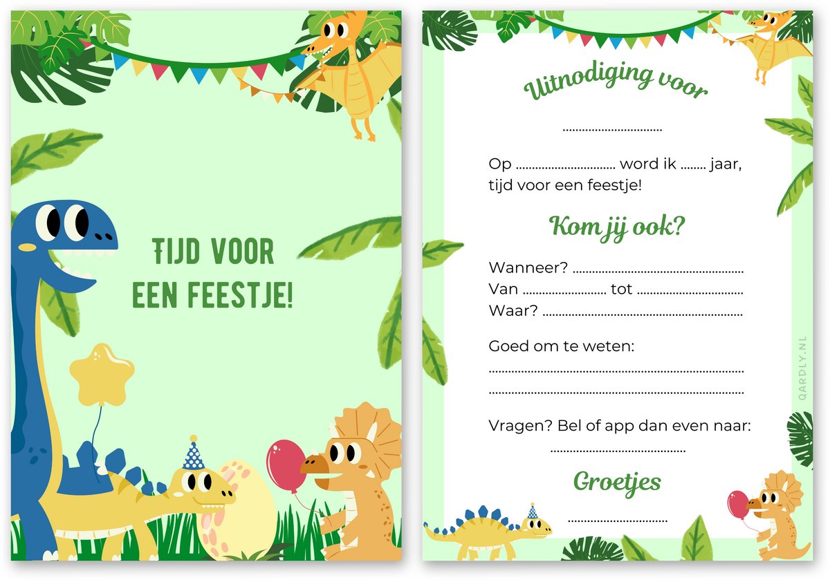 Uitnodiging kinderfeestje dinosaurus- 10 stuks - Uitnodiging verjaardag - Inclusief enveloppen - Uitnodiging dinofeestje - Dinosaurus feestje