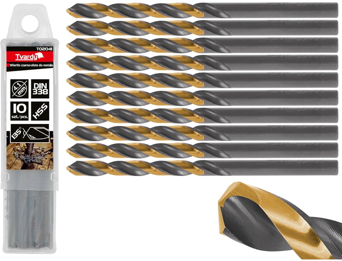 Tvardy Metaalboor - HSS 4,10 mm - TiN Coating - Zwart & Goud - Slijphoek 135° - 10 stuks