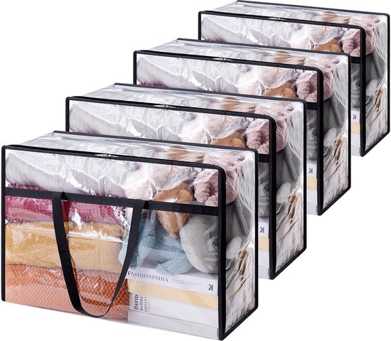 Lot De 4 Sacs Rangement Transparents Avec Poignée - Pour Vêtements, Couvertures Et Couettes