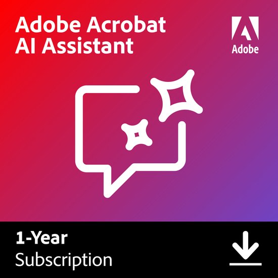 Adobe Acrobat AI Assistent 1-jaar abonnement met downloadicoon.