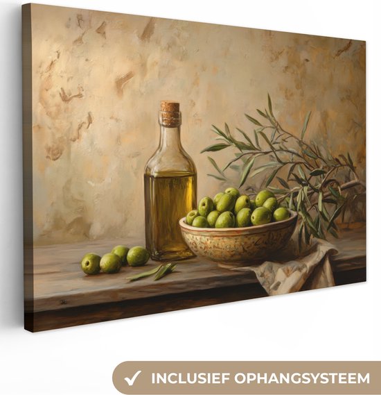 Tableau sur toile 150x100 cm - Décoration murale Olives - Nature morte - Vintage - Décoration murale salon - Décoration chambre - Accessoires chambre - Peintures sur toile