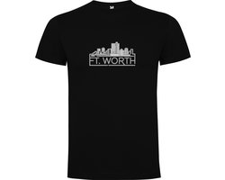 Zwart T-Shirt met “ Skyline Fort Worth - Texas – Vakantiegevoel – Strak – Modern “ Print Full Color Maat S