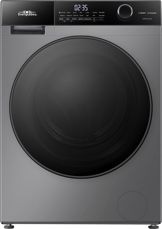 Everglades EVWM91412AG Zuinige Wasmachine - 9KG - A Klasse - Stoomfuncties/Allergie+ - Koolborstelloze Motor - Zeer Stil 72dB - Titanium Grijs - 5 Jaar Garantie
