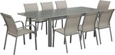 sweeek - Uitschuifbare tuintafel van aluminium en textileen, 8 stoelen, waarvan 2 met armleuning, 236,5 x 100 x 75 cm