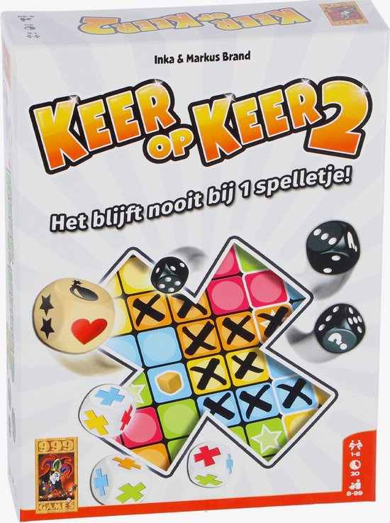 Speldoos van 'Keer op Keer 2' met illustraties van dobbelstenen en gekleurde vakjes.