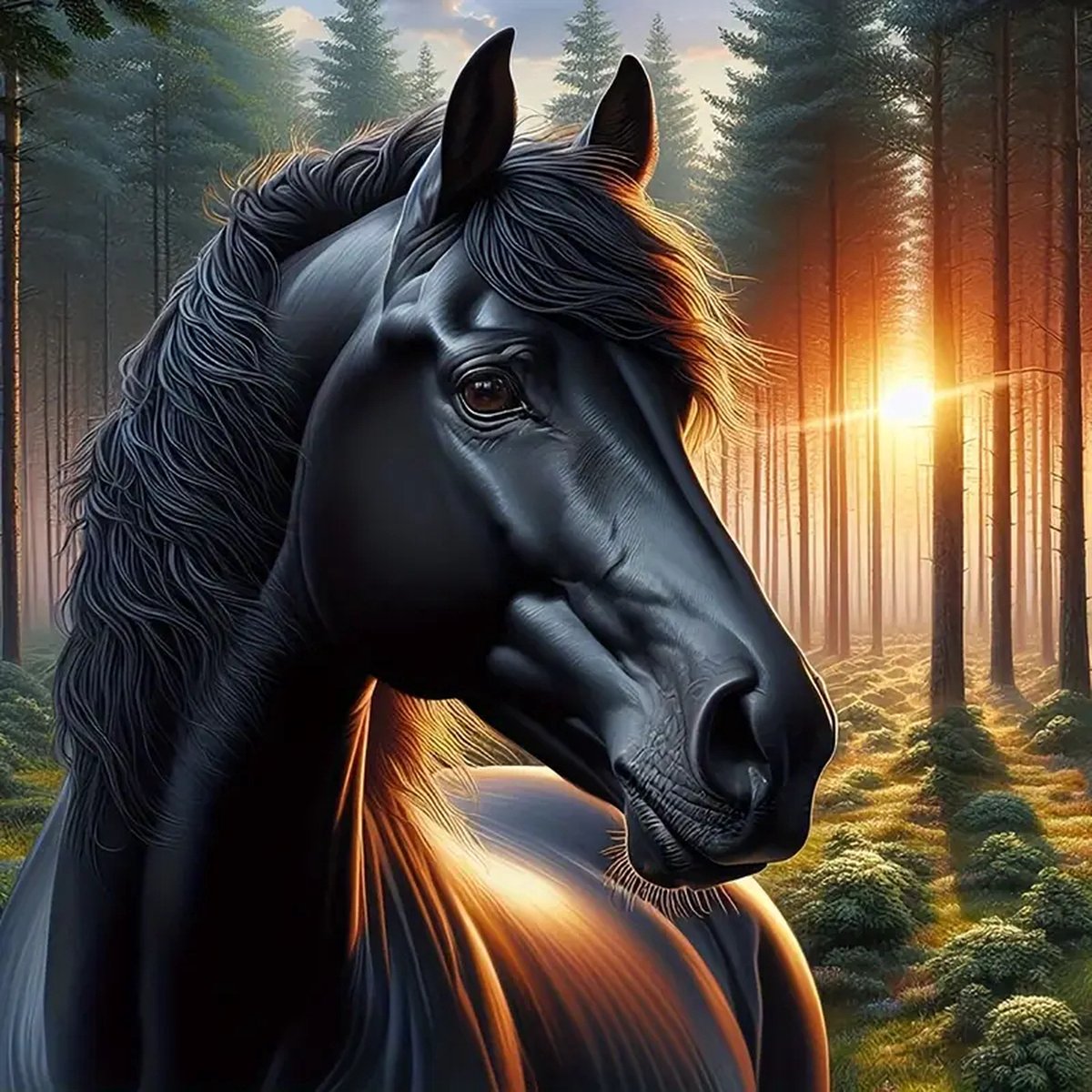 Diamond painting paard - Black Beauty Zwart Paard - 30x30cm