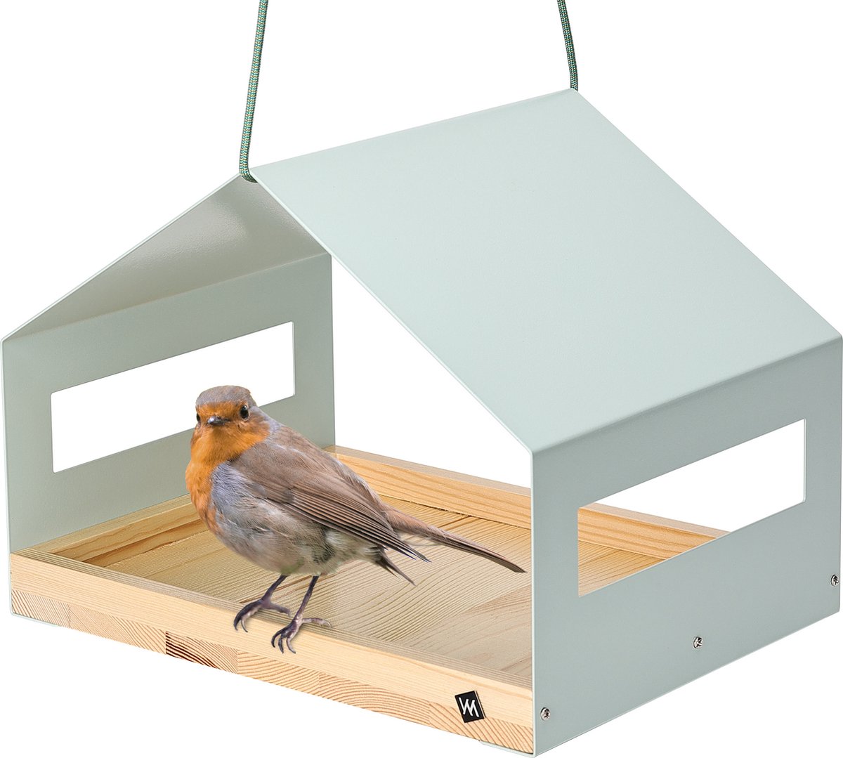WONDERMAKE® Groot design vogelhuis van metaal en hout weerbestendig om op te hangen, moderne vogelvoeder XL metalen dakophanging, vogelhuisvoeder voor vogels, roestvrij staal grenen, turkooisgrijs mint