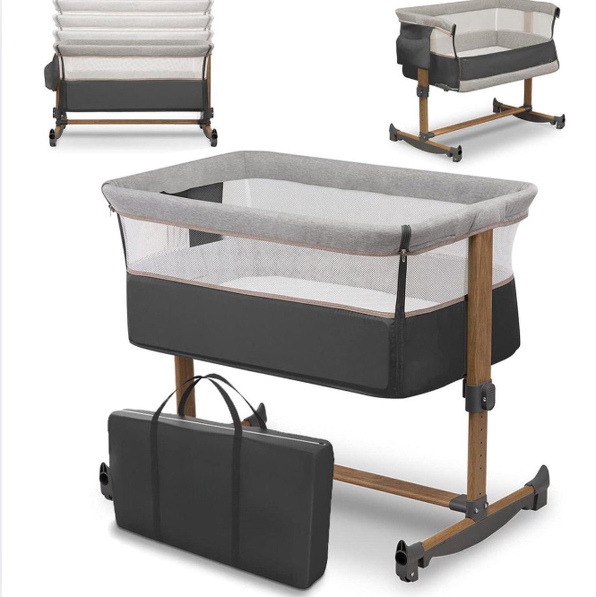 Bijzetbed met schommelfunctie en 5-traps hoogteverstelling - babybed met schuine matras, afneembare zijwand en transporttas Co sleeper