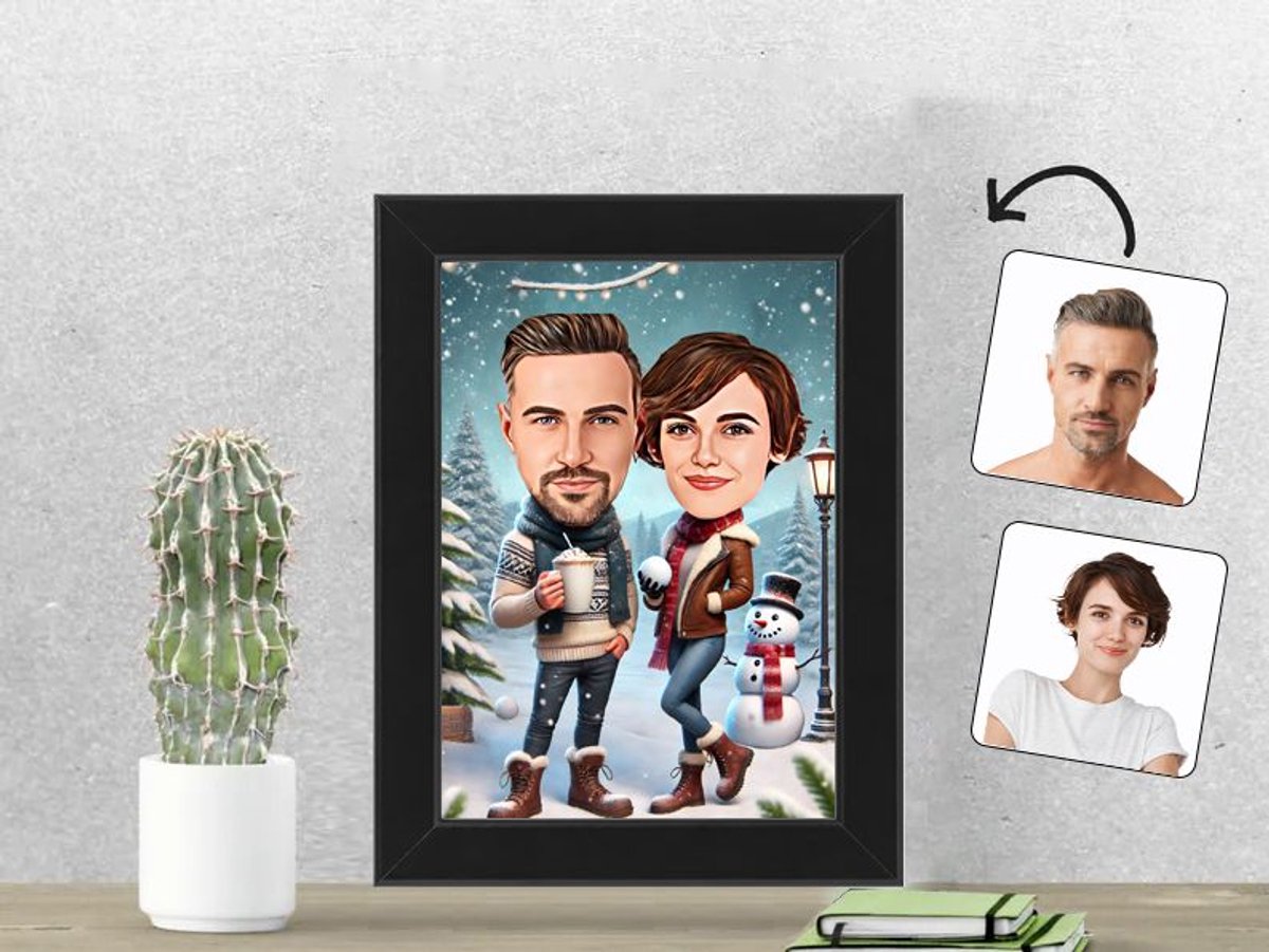 Knus Stel in een Winter Wonderland - Gepersonaliseerde Karikatuur Fotolijst 13x18 cm - Gepersonaliseerd Cadeau - Met Jouw Foto - Verjaardag - Kerst - Valentijn - Uniek en Handgemaakt - Cadeau - Verjaardag - Kerst - Kado - Valentijn - Huwelijk - Moede