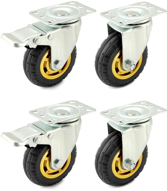 4 stuks 360° zwenkwielen met remmenset, 250 x 90 mm, stille luchtband op stalen velg, zwart met schokdemping, bolderkar en transportwagenkit (2 zwenkwielen, 2 remwielen 4 stuks 360° zwenkwielen met remmenset, 250 x 90 mm, stille luchtband op stalen velg, zwart met schokdemping, bolderkar en transportwagenkit (2 zwenkwielen, 2 remwielen
