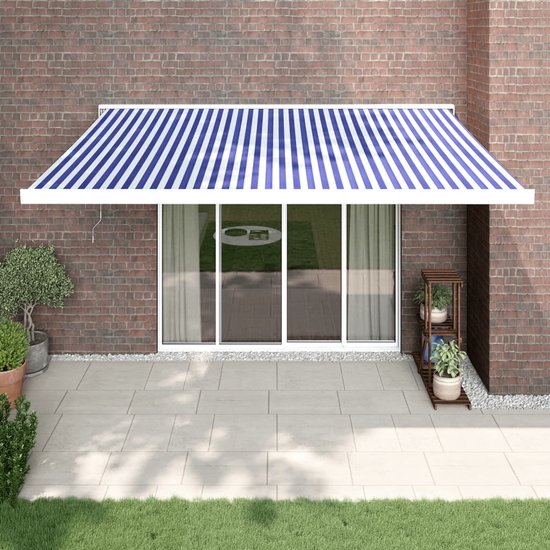 VidaXL Uittrekbare Luifel 4x3 M Blauw En Wit Terras Overkapping VidaXL Uittrekbare Luifel 4x3 M Blauw En Wit Terras Overkapping