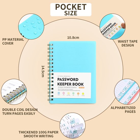 Lichtblauw wachtwoordenboekje met afmetingen 14,5 cm x 10,8 cm, PP-materiaal omslag met waterdruppels, dubbele spiraal, alfabetische pagina's en een close-up van de voorkant.