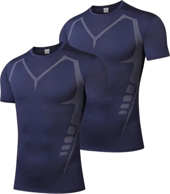 Bovista Sportshirt Heren - Sport - Fitness - Compressie Shirt - Corrigerend Hemd - Sportkleding - Mannen - Blauw - 2 Stuks - XXXL