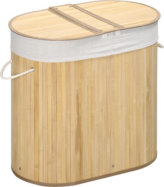 HOMCOM 55 L Wasmand Met Deksel, Handvat, Was Sorteerder Met Verwijderbare Waszak Voor Badkamer Bamboe Natuur~1sdnemtrhuo00