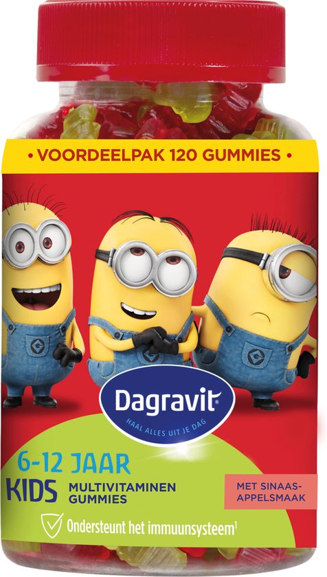 Pot met 120 Dagravit Kids multivitamine gummies met Minions, sinaasappelsmaak.