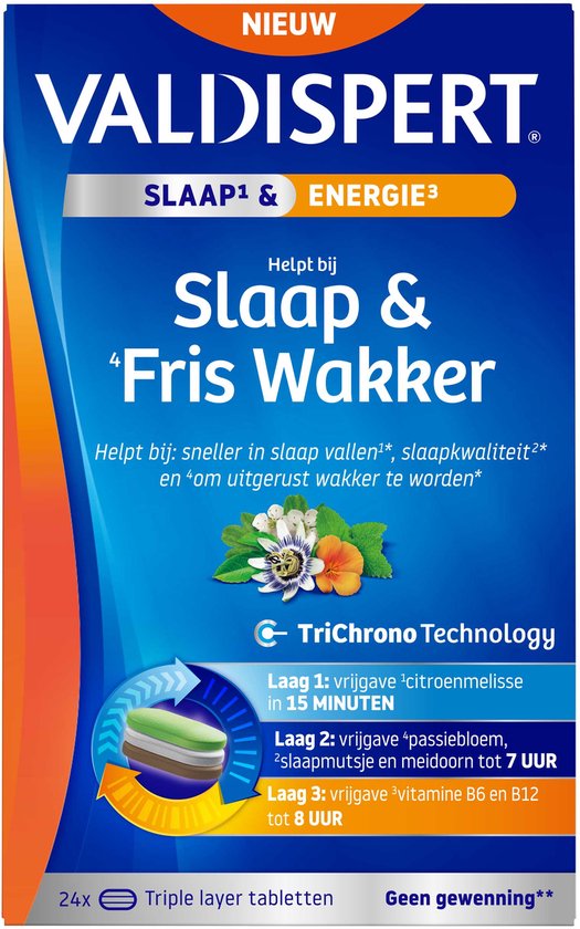Valdispert Slaap & Fris wakker - Citroenmelisse helpt om sneller in slaap te vallen* - Passiebloem helpt om uitgerust wakker te worden - Vitamine B6 - Geen gewenning** - Gefaseerde afgifte gedurende de nacht - 24 triple layer tabletten