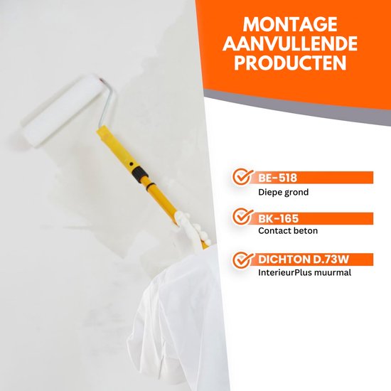 Een persoon schildert een muur met een gele verfroller met verlengstuk. Montage aanvullende producten: BE-518, BK-165, DICHTON D.73W.