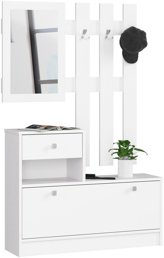 Ensemble de meubles d'entrée classiques Witte avec miroir | Dimensions à construire soi-même (HxLxP) : 170x90x25 cm | Fonctionnalité : Porte et tiroir | Matériau : laminé avec bord ABS | Finition mate élégante