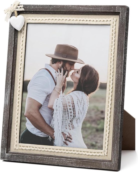 Afuly Fotolijsten 8 x 10 fotolijsten houten voor muur vriend familie bruiloft verjaardagscadeau shabby chic rustieke frames display bureau tafelblad echte klasse met steunen wit hart