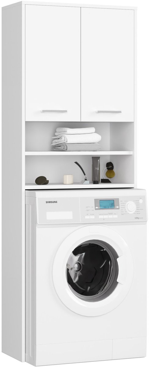 Badkamerkast voor Wasmachine FIN / Hoge Wasmachinekast met 2 Deuren / AKORD Furniture Factory / Wit / 64 x 180 x 30 cm