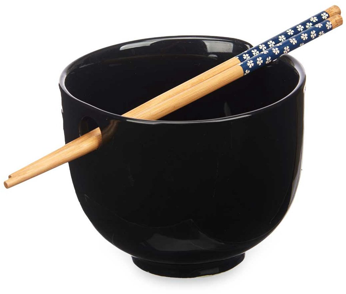 Kinvara Pokebowl/ramen/noedels servies set - kommetje en chopsticks - keramiek - zwart - sushi eet set