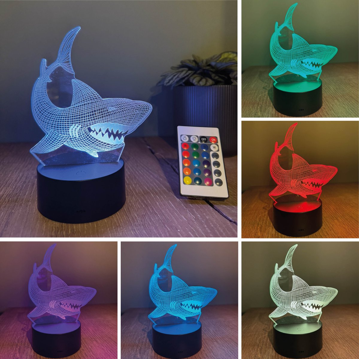 Klarigo® Nachtlamp - Haai - Dieren - Zee - 3D LED Lamp Illusie – 16 Kleuren – Bureaulamp – Sfeerlamp – Nachtlampje Kinderen – Creative lamp - Met afstandsbediening