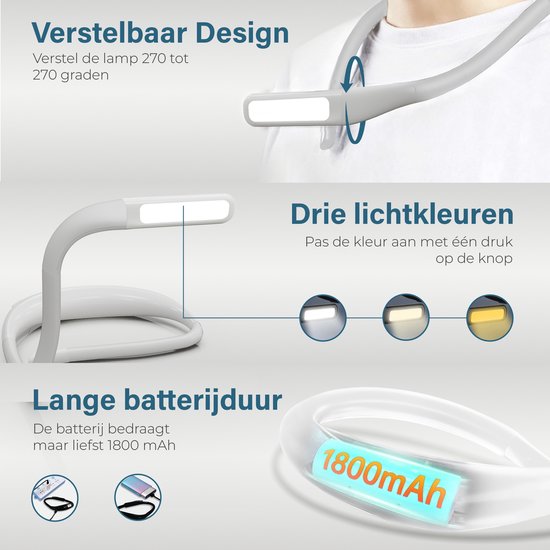 Maullin Nekleeslamp - Neklamp - Leeslampje voor Boek - voor in Bed - Neklampje voor Haakwerk - Boeklampje & Nekleeslamp - Oplaadbaar - Flexibel - Wit — afbeelding 3