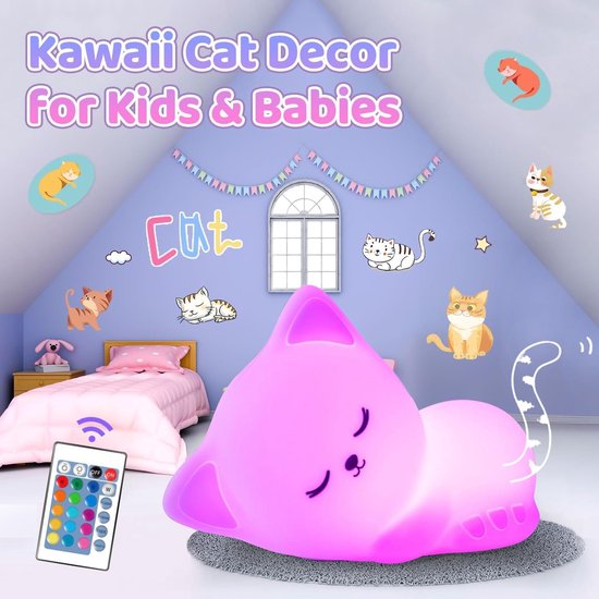 Nachtlampje kinderen - 16 kleuren afstandsbediening en USB-oplaadbaar - dimbaar nachtlampje - babybedlampje meisjes - kattendecoratie. — afbeelding 5