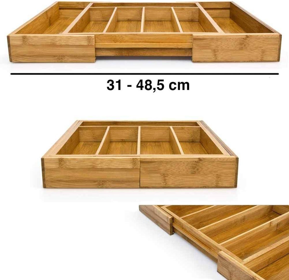 Verstelbare bamboe bestekbak met 5-7 vakken voor lades van 315-49 cm breedte - naturel