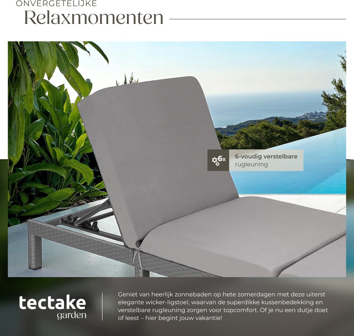 tectake® - Luxe wicker tuinligstoel met 5 verstelbare rugleuningposities, comfortabele vulling en stijlvol design, stabiel stalen frame, onderhoudsvriendelijk, voor tuin, terras, zwembad - grijs — afbeelding 8