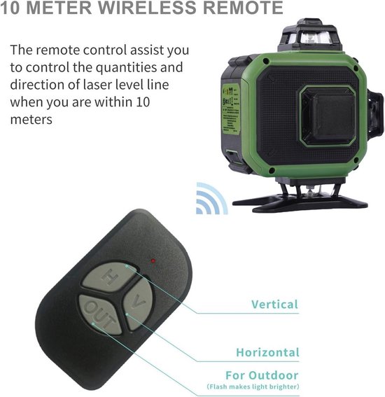 Laserwaterpas 4 x 360°, 4D 16 horizontale verticale roterende laserlijnen, zelfnivellerende niveaus met zelfnivellering met 2 geïntegreerde oplaadbare batterijen