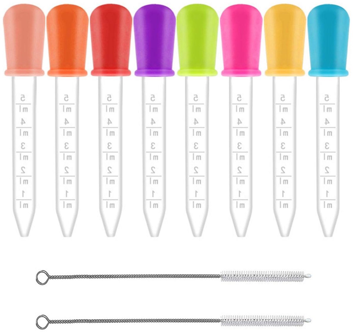Image of 8 stuks vloeibare druppelaar pipet 5 ml - Gegradueerde transferpipet met 2 reinigingsborstels - Transparante pipet siliconen pipetten voor snoepvormen knutselwerk kunstplanten