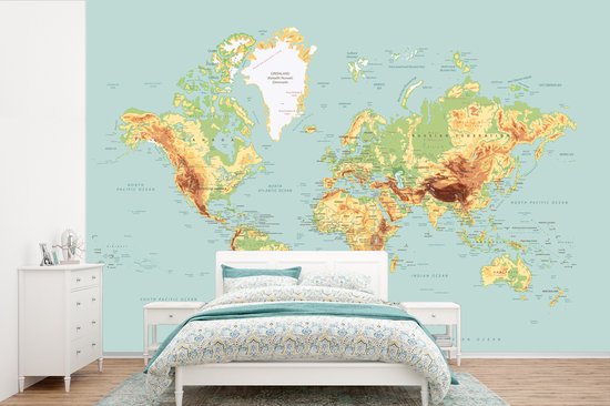 Behang - Fotobehang Wereldkaart - Realistisch - Blauw - Breedte 360 cm x hoogte 240 cm
