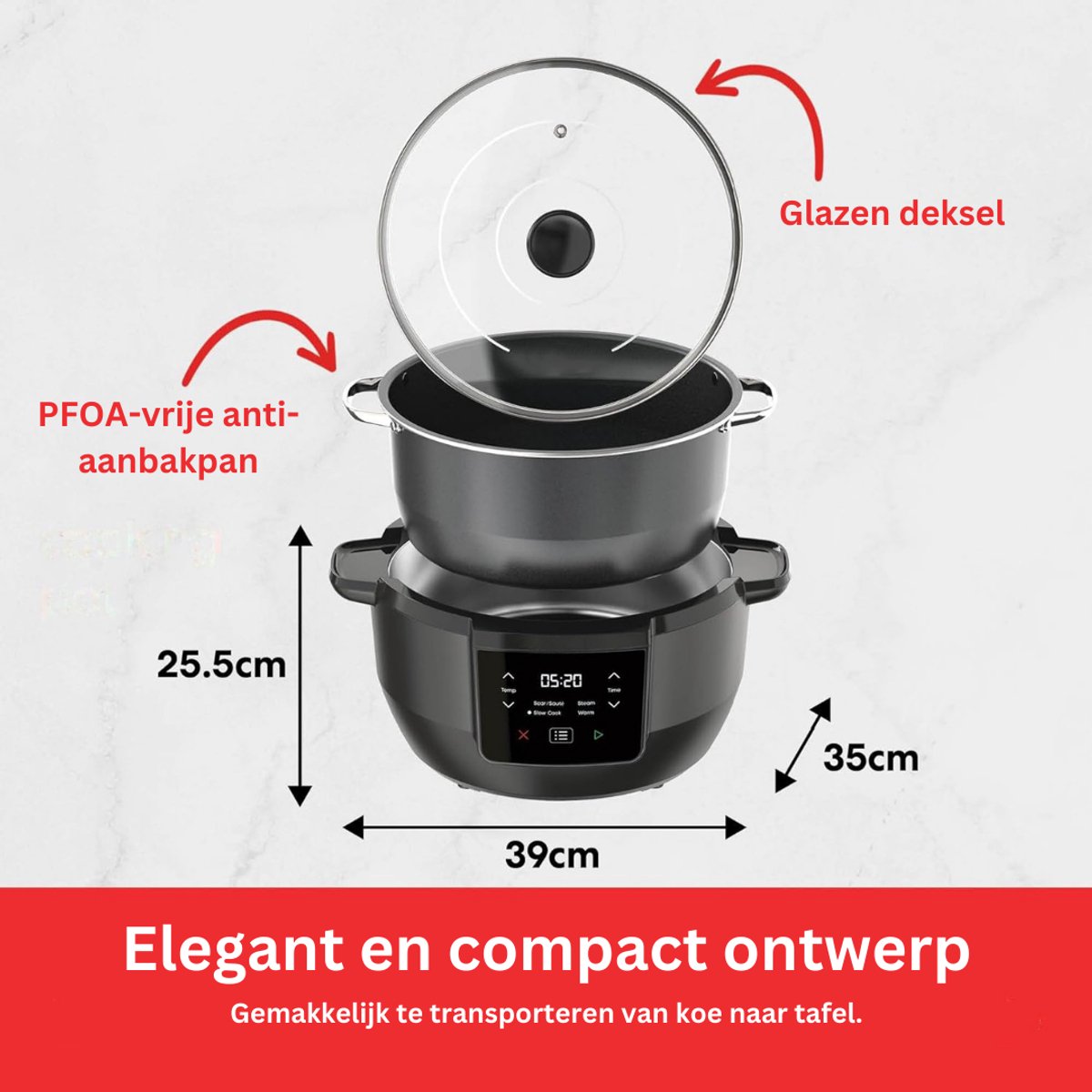 ApexArte® Slowcooker met Timer - Keramische Binnenpan - Hotpot - Zwart – foto 3