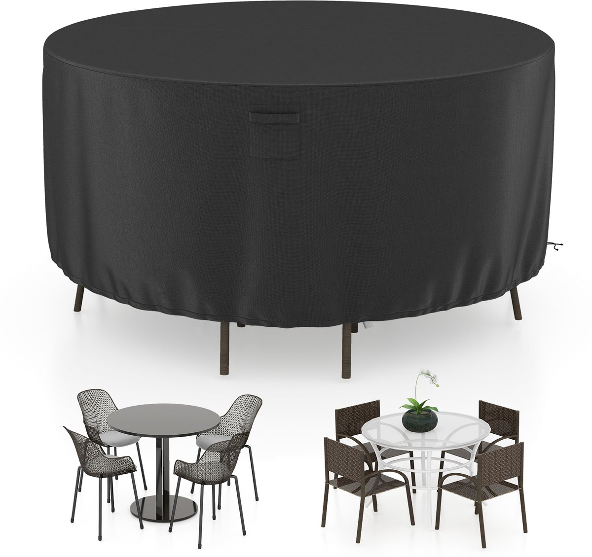 Waterdichte ronde afdekhoes voor tuintafels en stoelen, 158 x 158 x 70 cm, zwart