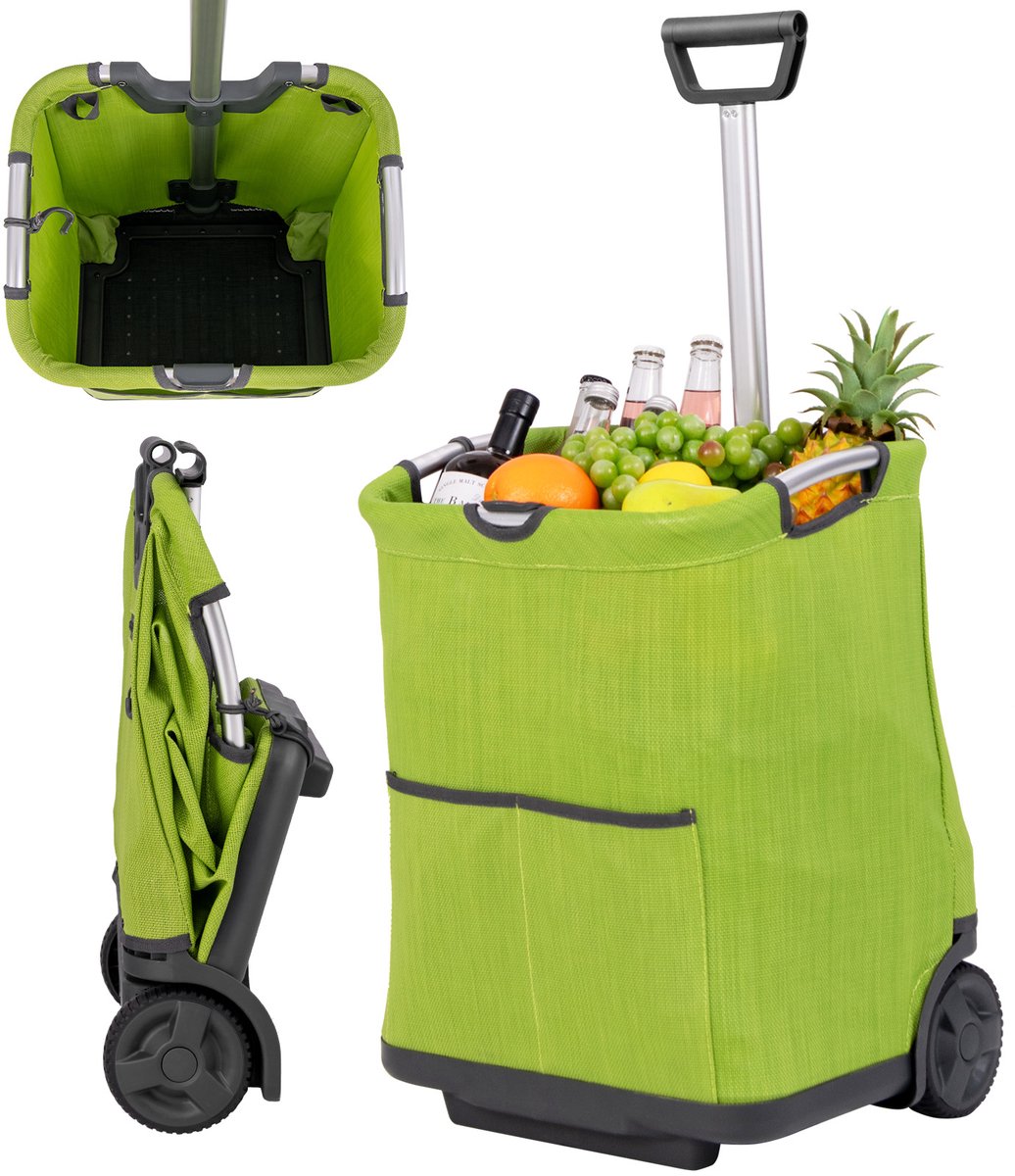 COSTWAY Boodschappentrolley inklapbaar, 50 liter, winkelwagen met 3 zakken en verstelbare handgreep, boodschappentas met wielen tot 35 kg belastbaar, groen